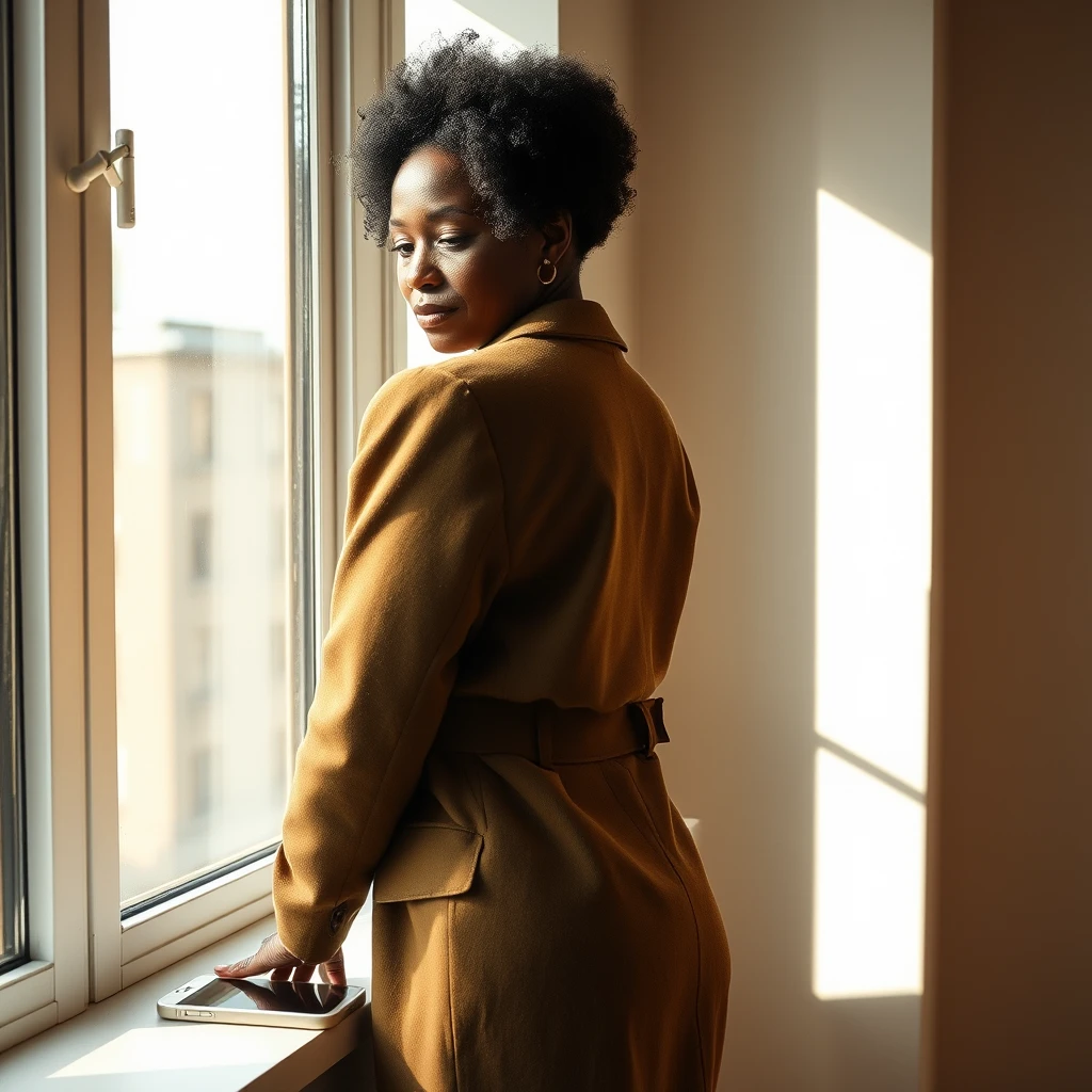A boundary being kept, not announced: a Black woman in an olive blazer standing at a bright window with her phone face-down on the sill beside her, unbothered, looking outward rather than at the screen. Warm daylight, real texture in wool and glass.