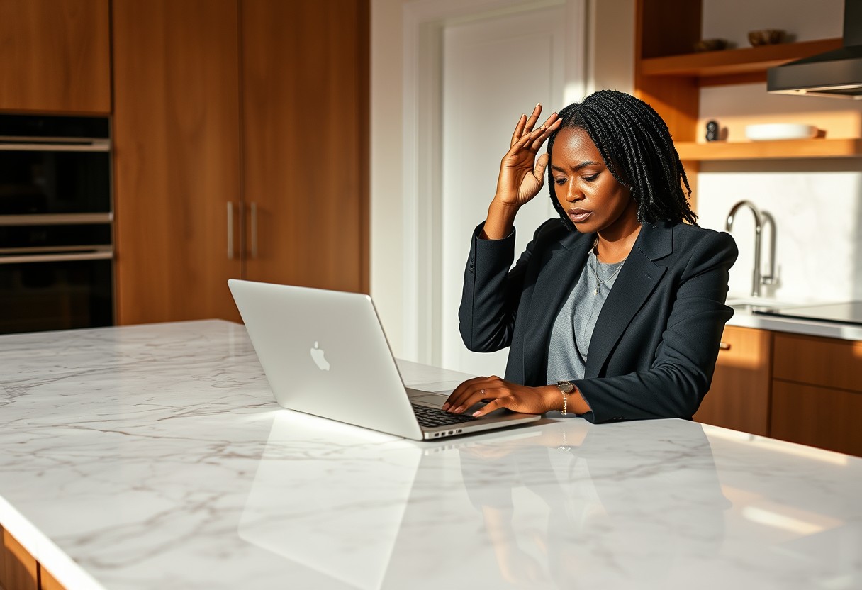 A Black woman in a black blazer at a marble kitchen island, laptop open, one hand pressed briefly to her forehead in mild exasperation, the other still on the trackpad. Warm morning daylight, real texture in marble and wool.