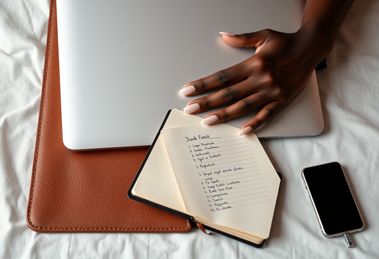 Close on a Black woman's hands with a considered manicure calmly closing a laptop lid, a small notebook open beside it with a short handwritten list, unbranded devices. Soft studio light on a warm white seamless.