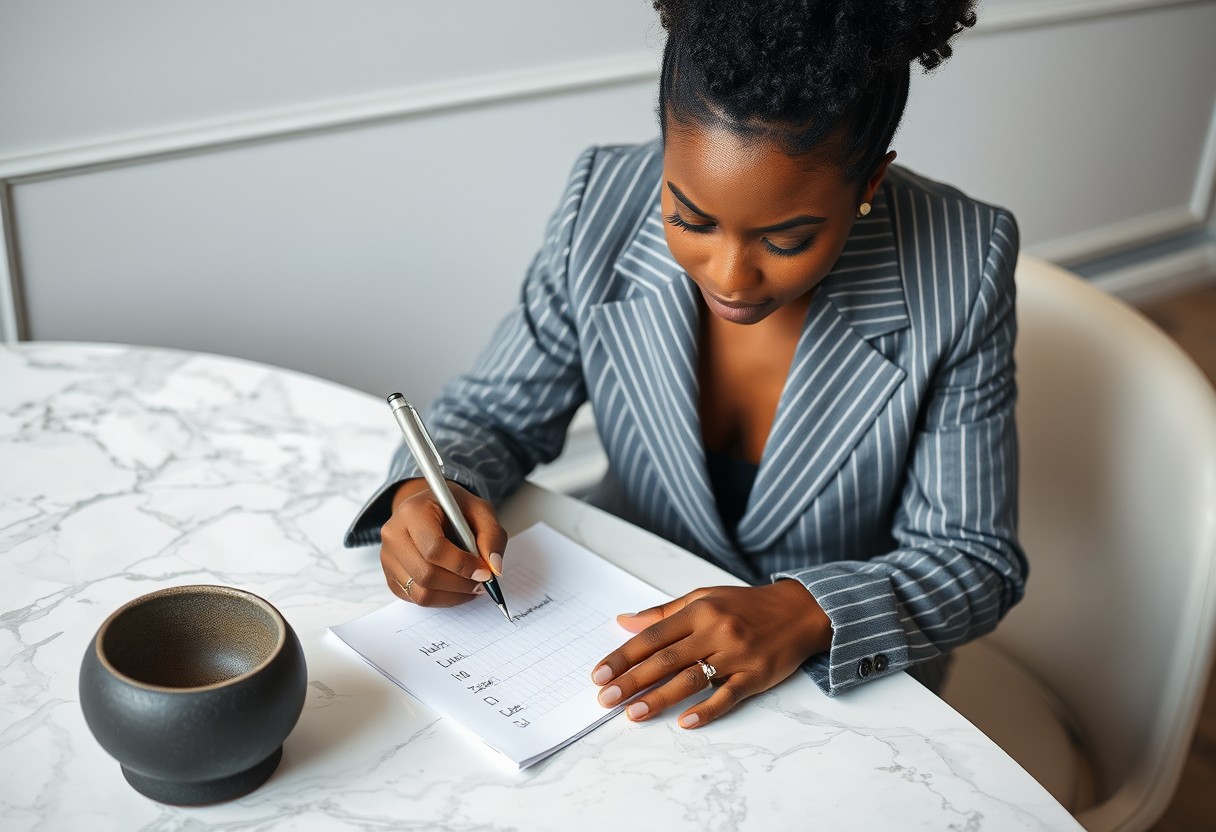 A Black woman in a grey pinstripe blazer circling three items on a handwritten list at a marble table, focused and clear-eyed. Natural daylight, real texture in wool and marble.
