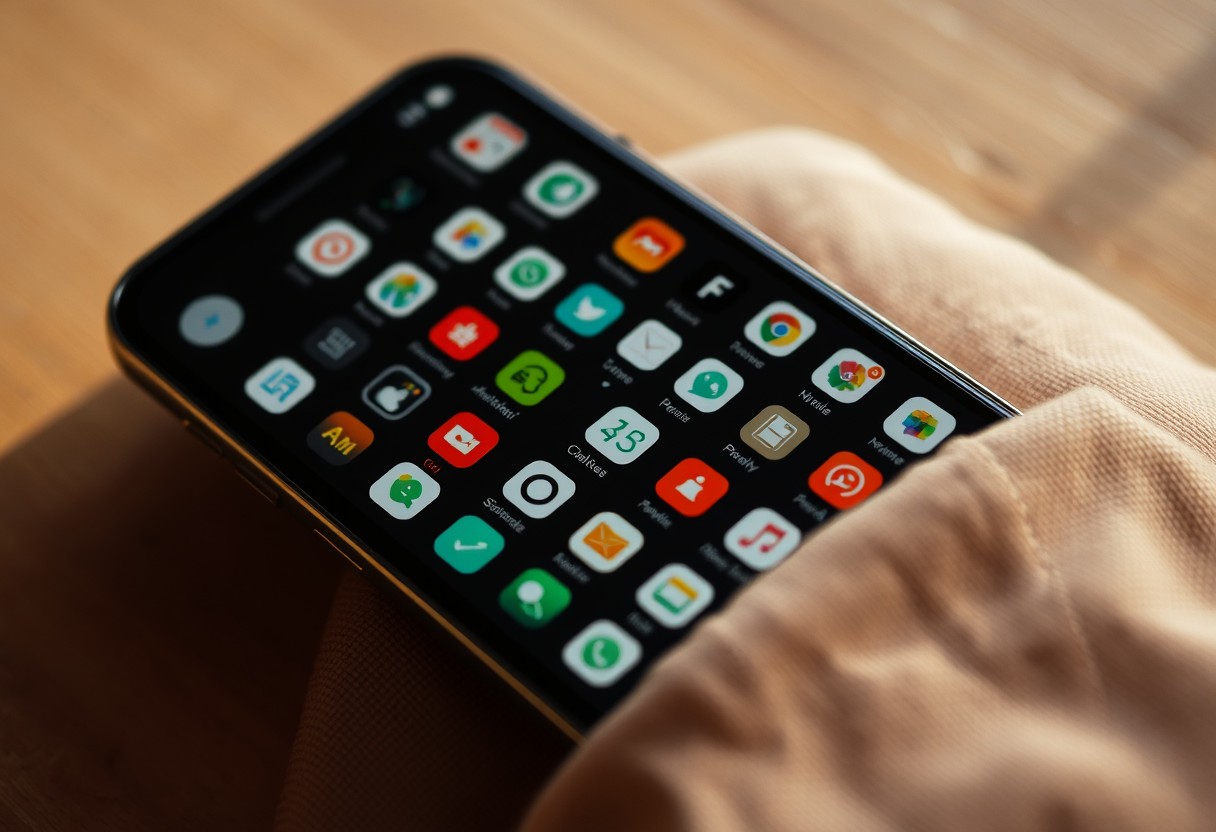 A phone screen showing a dense grid of app icons, all generic and unbranded, three icons faintly highlighted with a soft glow among the rest. Warm daylight, real texture in glass and fabric sleeve.