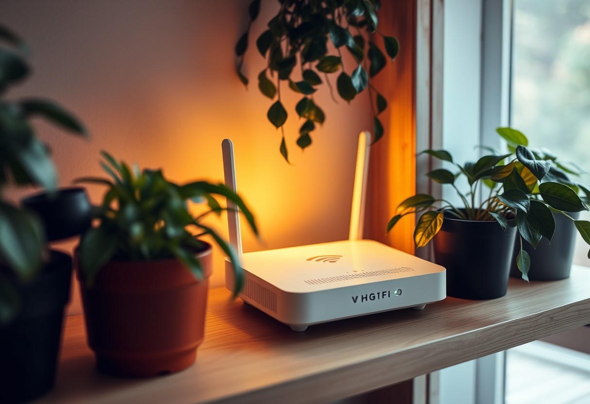A home wifi router glowing steadily on a shelf beside houseplants, warm domestic setting, no visible branding. Natural window light, real texture in plastic and foliage.