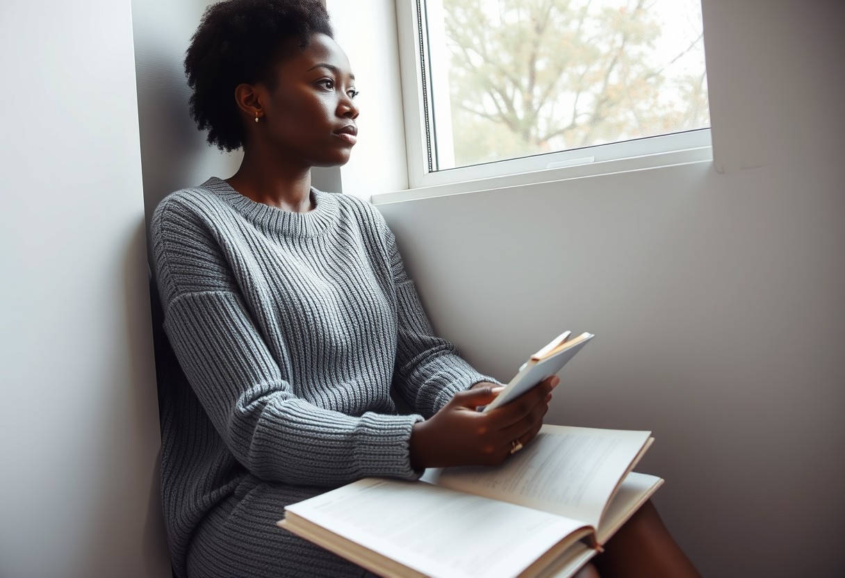 Quiet resolve, not performance: a Black woman in a soft grey knit sitting by a window with a notebook open on her lap, pen in hand, unhurried, gaze out toward the window rather than at a screen. Natural window light, real texture in knit and paper.