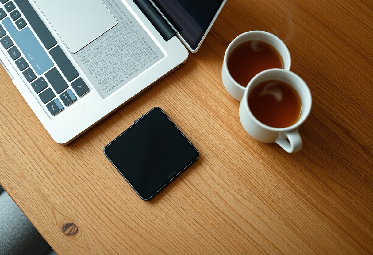 An unbranded phone lying face-down on a warm wood table beside a closed laptop, both deliberately untouched, a cup of tea steaming nearby — the absence of a post as the actual subject.