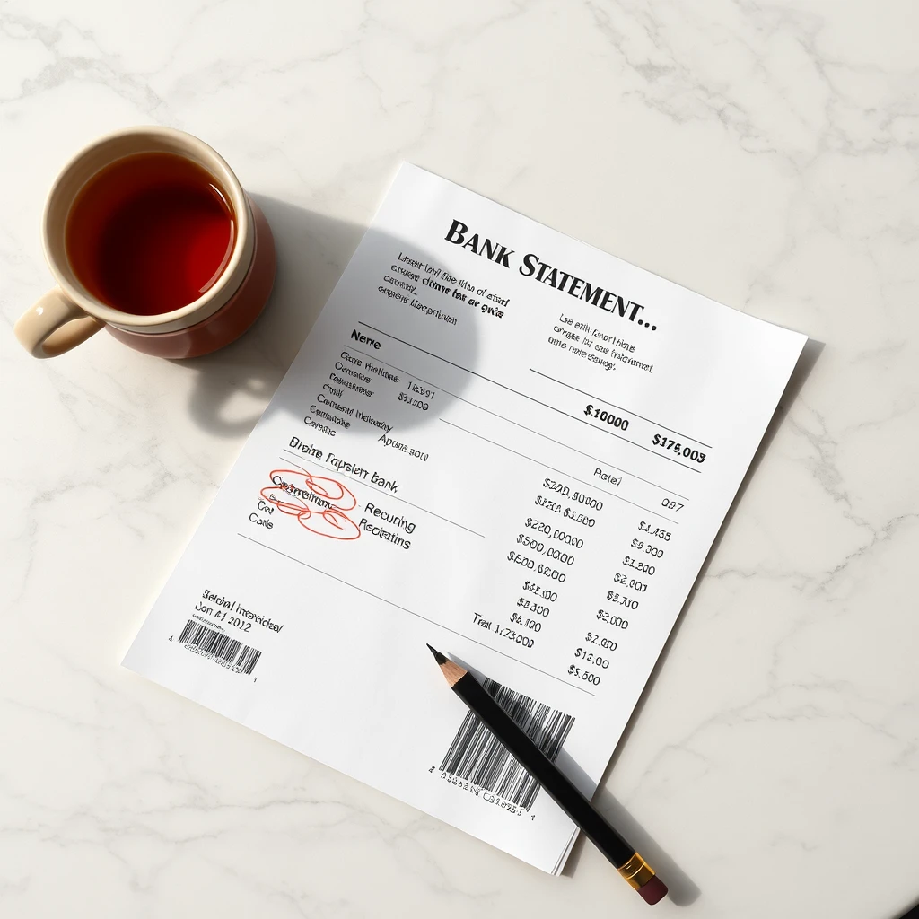 A printed bank statement on a marble table with several small recurring charges circled in soft pencil, a warm cup of tea beside it, calm rather than alarming.