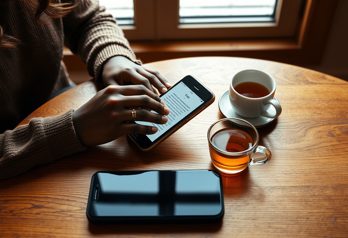 The fix, not the failure: a Black woman's hands with a considered manicure typing a short note into an unbranded phone at a warm wood table, a second phone lying face-down beside a cup of tea, calm and unhurried. Soft natural window light, real texture in wood grain and ceramic.