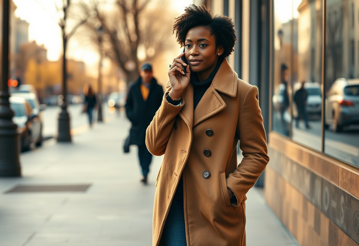 A Black woman in a camel coat pausing mid-stride on a city sidewalk, phone held close to her mouth as she speaks into it, eyes at middle distance as though chasing the thought rather than posing for the camera. Warm late-afternoon daylight, real texture in wool and pavement.