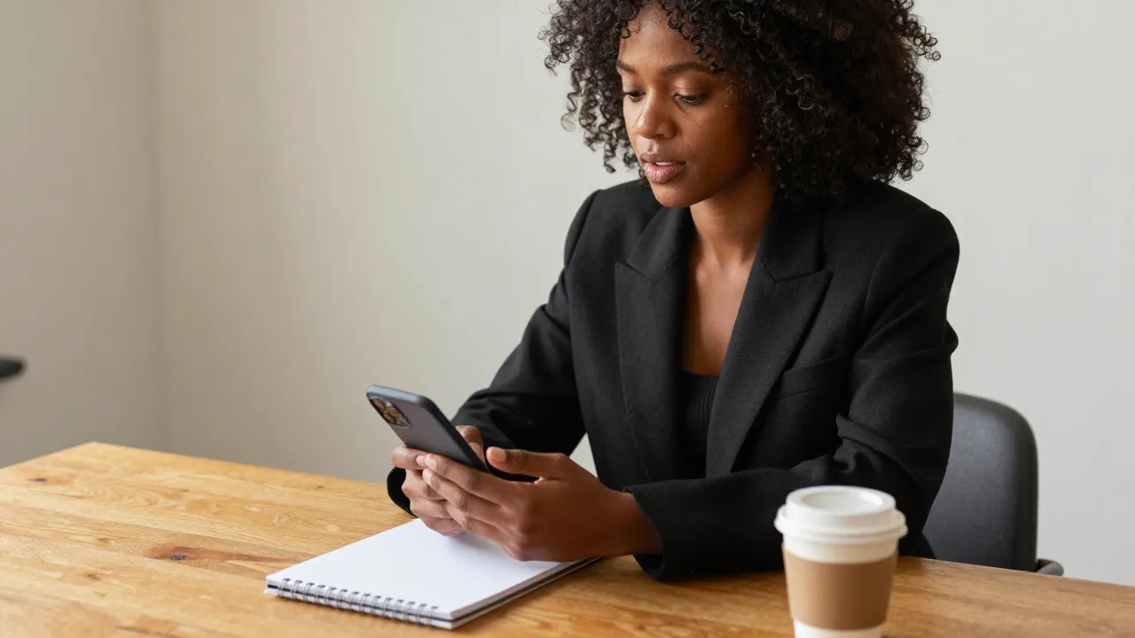 A Black woman in a black blazer seated at a warm wood table, holding an unbranded phone at a slight angle, screen turned away from camera, mid-conversation.