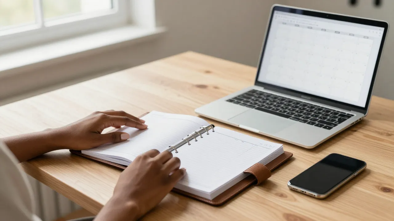 A Black woman's hands closing a physical planner beside an unbranded laptop showing a simple calendar grid, phone resting face-down and separate to the side.