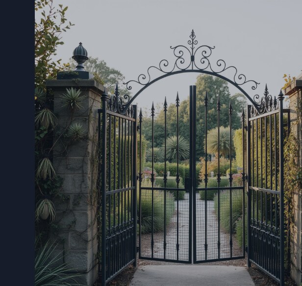 A garden viewed through a low iron gate standing wide open onto a public path, entirely unprotected.