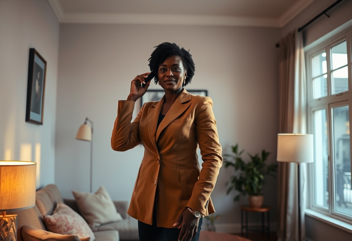 A Black woman in a camel blazer standing in a warmly lit living room, phone raised slightly as she adjusts a lighting scene, calm and in control of the space. Warm evening light, real texture in wool and linen upholstery.