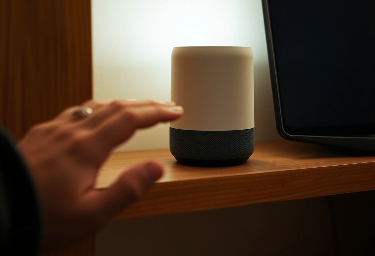 Close on an unbranded smart speaker or hub sitting on a warm wood shelf, soft ambient light, a family member's hand reaching toward it slightly uncertainly, out of focus.