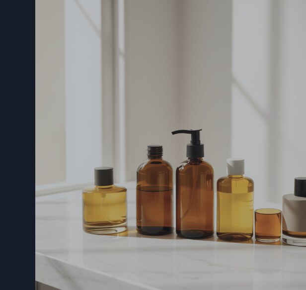 Five unbranded skincare and fragrance vessels arranged in a deliberate line on a marble surface, in clear order of use, one visibly out of sequence.