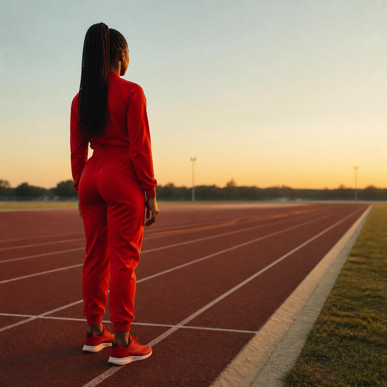 A Black woman in a red tracksuit standing on a running track at sunset, viewed from the back, poised and ready to move.